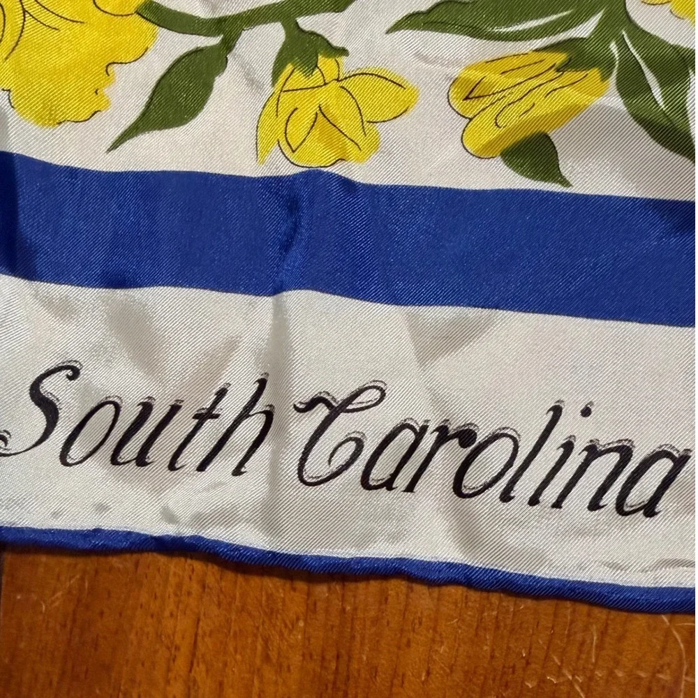 Vintage South Carolina Souvenir Scarf Floral Stripe Blue Green Yellow Silk Feel